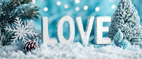 Winter love scene with snow, snowflake, pine cone, and snowy trees.