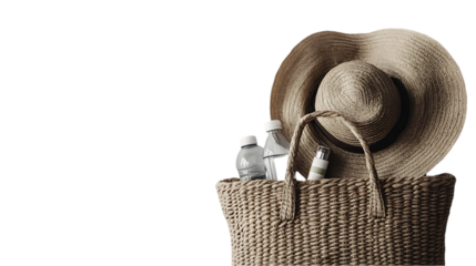A straw hat resting on a woven bag with water bottles, suggesting leisure and travel.