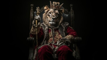 Obraz premium Majestic lion king in regal attire, seated on ornate throne, holding scepter.