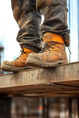 Sturdy work boots on construction site, showcasing durability an