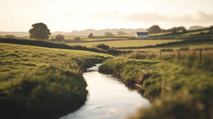 Obraz premium Serene sunset over idyllic countryside stream, flowing through lush green pasture towards distant farmhouse.