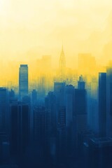 City skyline shrouded in mist, blending vibrant yellow and deep