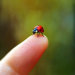 Fototapeta premium Ladybug crawling on a fingertip against a blurred green background.