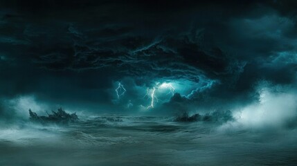 Fototapeta premium Dramatic dark stormy seascape with lightning striking.