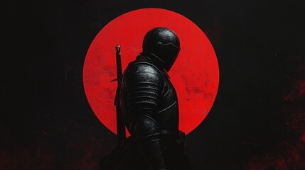 Fototapeta premium Black knight in full armor stands before a large red sun, sword at his back.