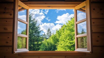 Open wooden window showcasing a sunny, vibrant forest landscape with lush green trees and a partly cloudy blue sky.