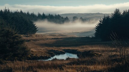 Fototapeta premium Misty morning landscape with tranquil stream, coniferous forest, and golden grass.