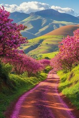 Scenic Country Road with Blooming Cherry Blossoms and Majestic Mountains, Springtime Beauty