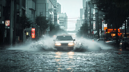 Obraz premium Sudden downpour flooding the gray japanese anime-style urban streets. Cloudburst. Illustration
