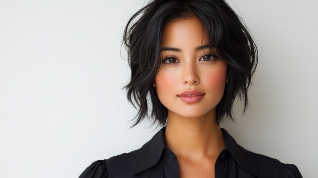 elegant portrait features woman short layered bob haircut styled perfection.