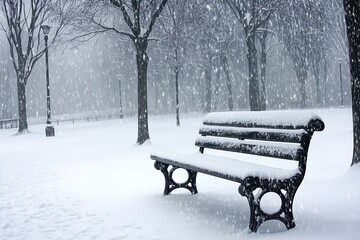 Park bench covered in snow under heavy snowfall in a serene winter park. peaceful winter scene