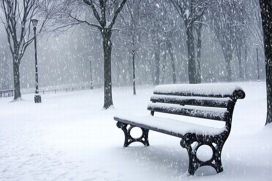 Park bench covered in snow under heavy snowfall in a serene winter park. peaceful winter scene