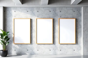Fototapeta premium Modern Gallery Mockup: Three blank vertical frames on a raw concrete wall, bathed in sunlight, beside a potted plant. Ideal for showcasing artwork or design projects. 