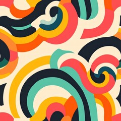 Obraz premium Retro pattern design featuring colorful spirals and curved lines in vibrant 70s color palette. Generative AI