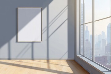 Obraz premium A large window in a room with a white frame. The window is in front of a city skyline