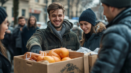 Obraz premium Volunteers distributing food to the homeless in a city, showing compassion and community support on a sunny day. 