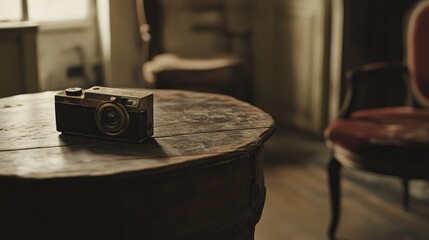 Obraz premium Vintage camera rests on aged wooden table in dimly lit room.
