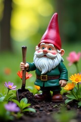 A tiny gnome tends vibrant flowers, shovel nearby , yellow, gardening, garden