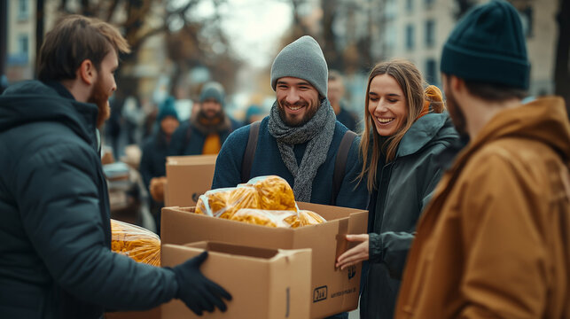Volunteers distributing food to the homeless in a city, showing compassion and community support on a sunny day.
 - Powered by Adobe