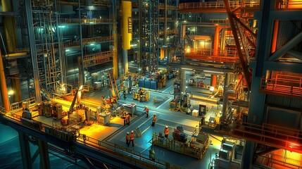 Fototapeta premium Industrial workspace illuminated by vibrant lights, showcasing m