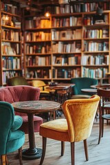 Cozy reading nook with colorful chairs and wooden tables near bo