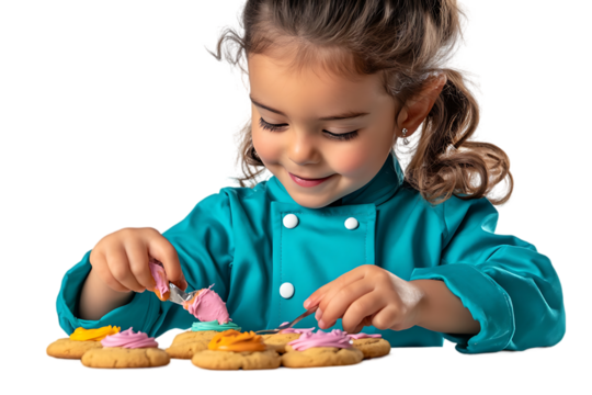 A young girl decorates cookies with colorful frosting, showcasing her creativity.