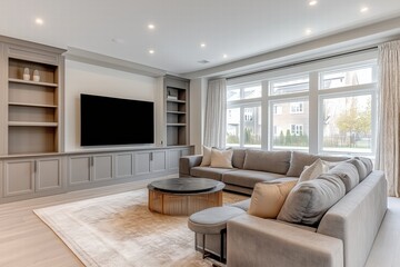 Fototapeta premium Modern living room with large windows, grey furniture, and cozy natural lighting. contemporary home interior