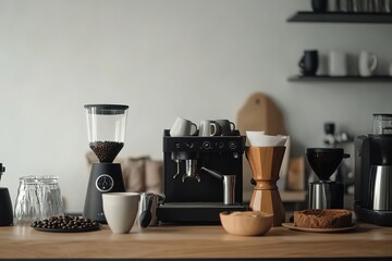 Modern kitchen scene featuring coffee equipment, cozy atmosphere