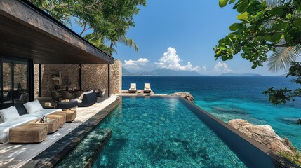 Fototapeta premium Luxurious villa with infinity pool overlooking a serene ocean landscape.