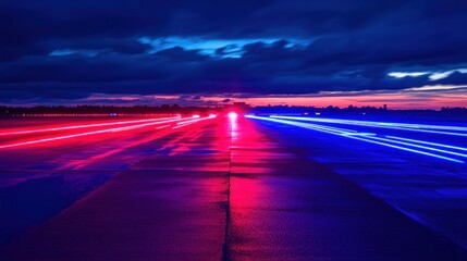 Obraz premium Night highway with red and blue light trails.