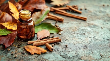 Warm, autumn-inspired arrangement featuring essential oil bottle