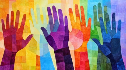 Colorful hands raised, symbolizing unity, diversity, and participation.