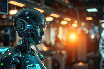 futuristic robot with sleek design stands in high tech environment, illuminated by warm lighting. setting suggests advanced technology and innovation