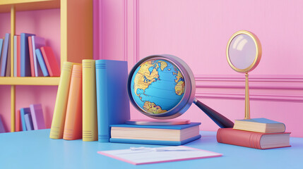 A 3D render depicts a globe under a magnifying glass, surrounded by colorful books on a desk, suggesting global studies, research, or education