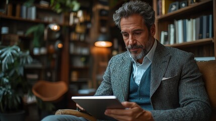 Man Reading Tablet in Cafe