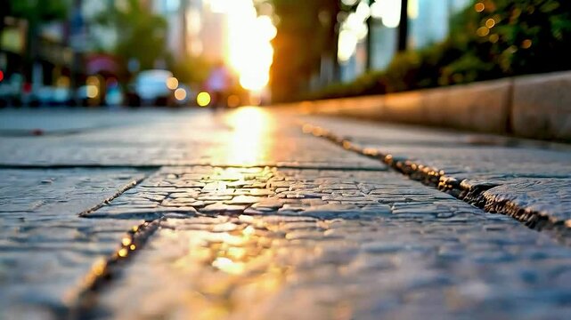 a brick road  with the sun shining on it.