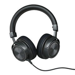 Black wired headphones, isolated on transparent background. PNG