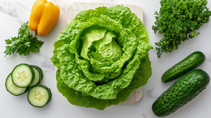 Obraz premium Overhead shot of lettuce with colorful veggies on marble.