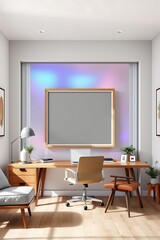 Modern Home Office with Colorful Accent Wall and Desk Space 