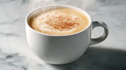 Creamy coffee topped with spices, served in simple white cup, st