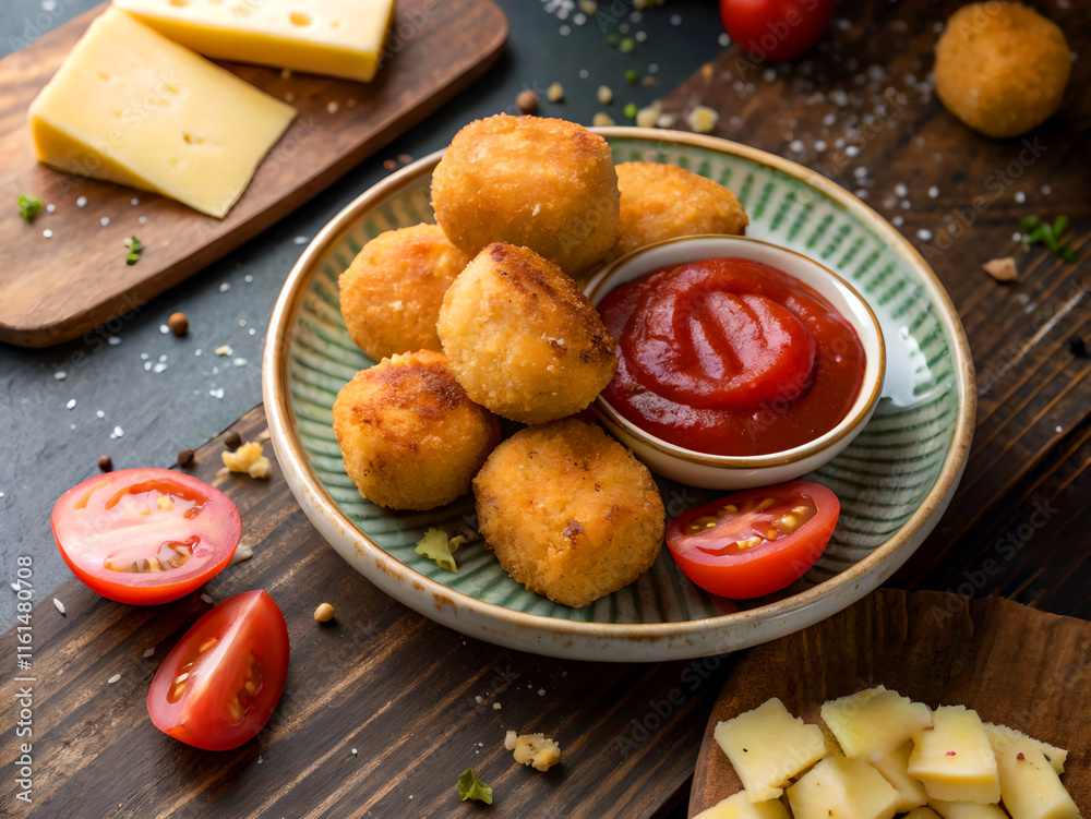 Poster the image shows a plate of golden-brown croquettes with a side of red dipping sauce. there are also 