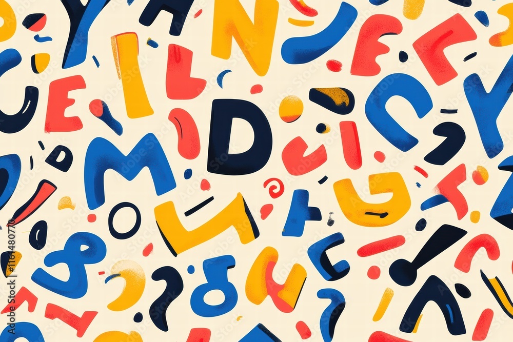 Poster colorful playful pattern featuring stylized alphabet in vibrant shades on a light background. genera