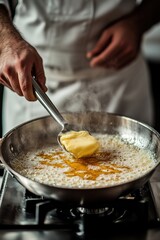 Melting butter mixes with golden ingredients in skillet, creatin