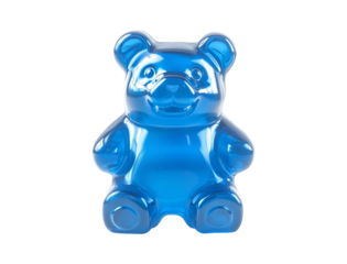 Bright blue gummy bear sits on a white background showcasing its glossy texture and cheerful design for candy lovers to enjoy