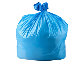Bright blue plastic garbage bag filled with waste at a recycling center during the afternoon in an urban area