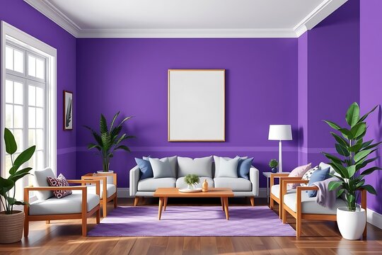 Purple Living Room Interior Mockup: A serene and stylish living room with a purple accent wall, a comfortable sofa, two armchairs, and a large frame for showcasing your design or artwork.