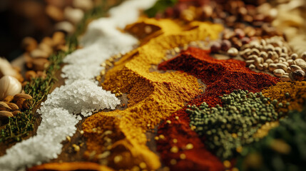 Fototapeta premium An artistic arrangement of spices shaped like geographical features, highlighting creativity in cooking.