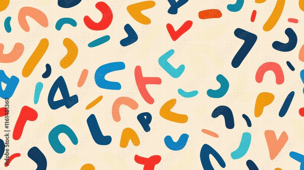 Poster playful pattern of stylized alphabet with vibrant colors on a light background for creative designs.