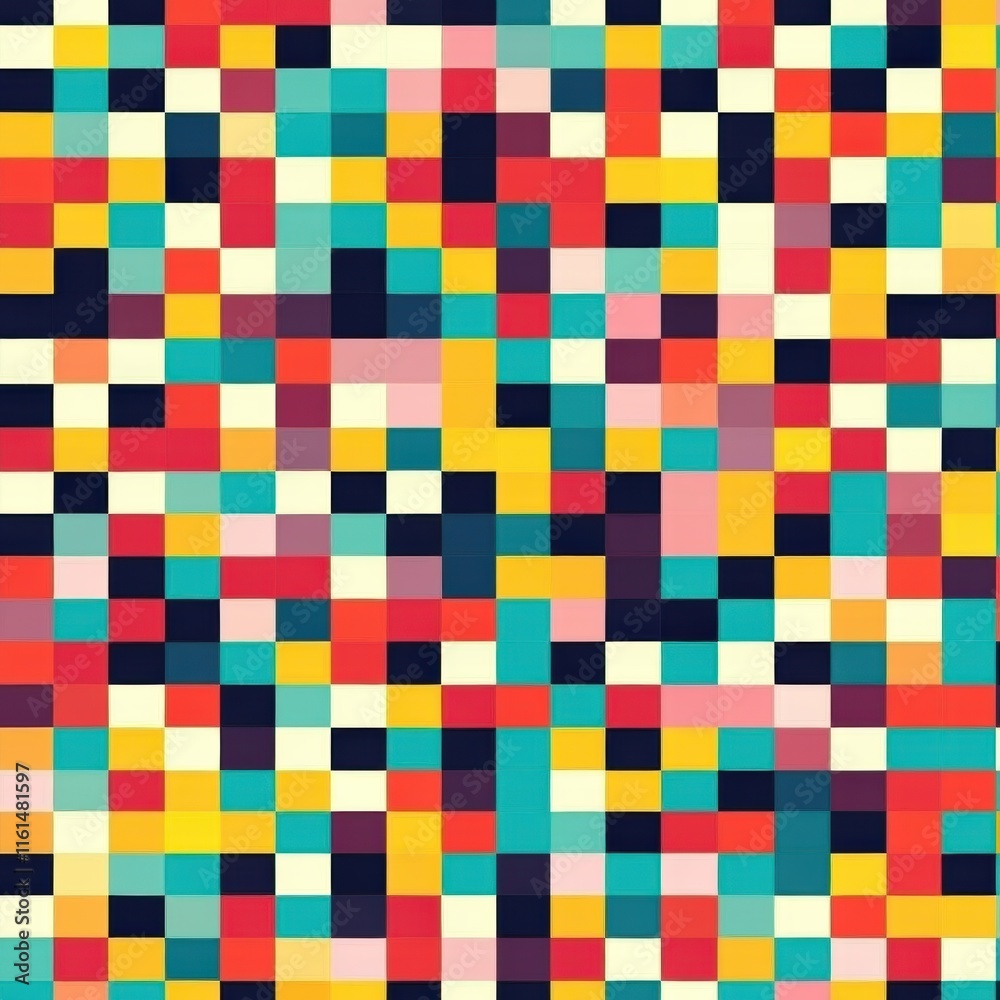 Aufkleber Pixel art inspired seamless pattern in vibrant colors with various geometric shapes filling the entire composition. Generative AI