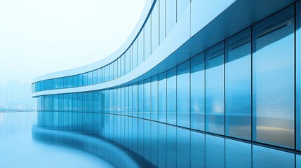 Modern architectural structure with curved glass facade reflecting surroundings.